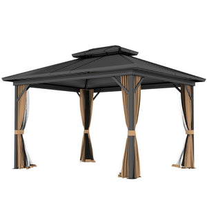 10' x 12' Hardtop Gazebo, Aluminum Frame Garden Sun Shelter with Double Tier Metal Roof, Mosquito Netting, Curtains, and Hanging Hook, Dark Brown
