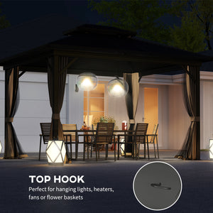 10' x 12' Hardtop Gazebo, Aluminum Frame Garden Sun Shelter with Double Tier Metal Roof, Mosquito Netting, Curtains, and Hanging Hook, Dark Brown
