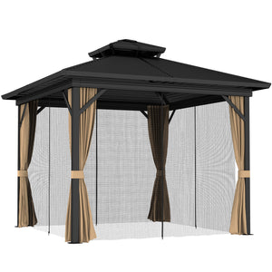 10' x 12' Hardtop Gazebo, Aluminum Frame Garden Sun Shelter with Double Tier Metal Roof, Mosquito Netting, Curtains, and Hanging Hook, Dark Brown