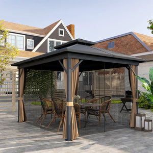 10' x 12' Hardtop Gazebo, Aluminum Frame Garden Sun Shelter with Double Tier Metal Roof, Mosquito Netting, Curtains, and Hanging Hook, Dark Brown