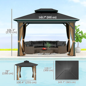 10' x 12' Hardtop Gazebo, Aluminum Frame Garden Sun Shelter with Double Tier Metal Roof, Mosquito Netting, Curtains, and Hanging Hook, Dark Brown