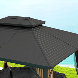 10' x 12' Hardtop Gazebo, Aluminum Frame Garden Sun Shelter with Double Tier Metal Roof, Mosquito Netting, Curtains, and Hanging Hook, Dark Brown