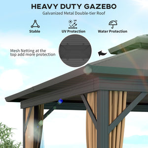10' x 12' Hardtop Gazebo, Aluminum Frame Garden Sun Shelter with Double Tier Metal Roof, Mosquito Netting, Curtains, and Hanging Hook, Dark Brown