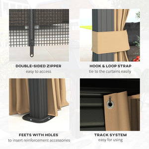 10' x 12' Hardtop Gazebo, Aluminum Frame Garden Sun Shelter with Double Tier Metal Roof, Mosquito Netting, Curtains, and Hanging Hook, Dark Brown