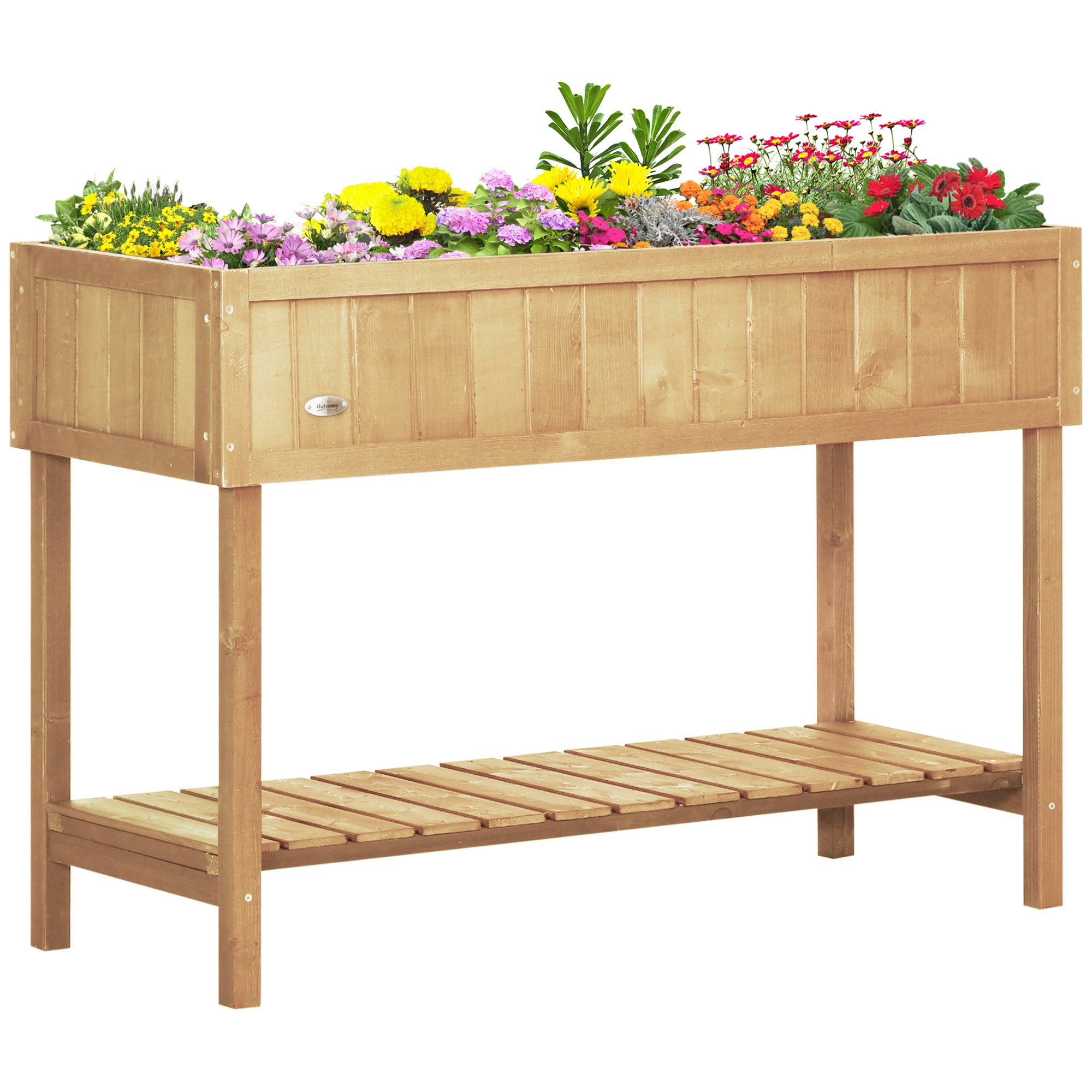 Outsunny Wooden Raised Bed with Storage Shelf & 8 Pockets, 43