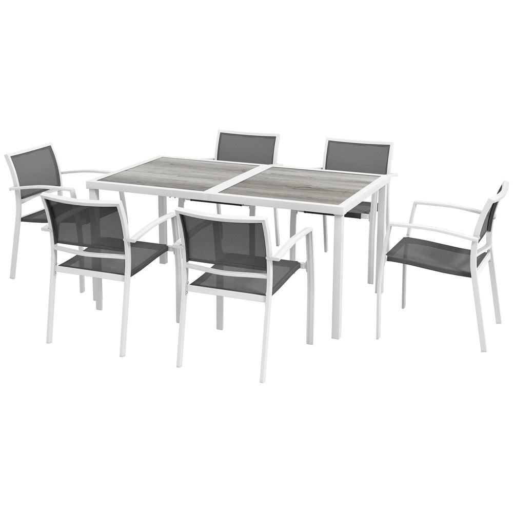 7 Pieces Patio Dining Set for 6 with Stackable Chairs, Outdoor Table and Chairs with Plastic Top, Breathable Mesh Seat and Back for Garden, Patio, Backyard, White and Grey