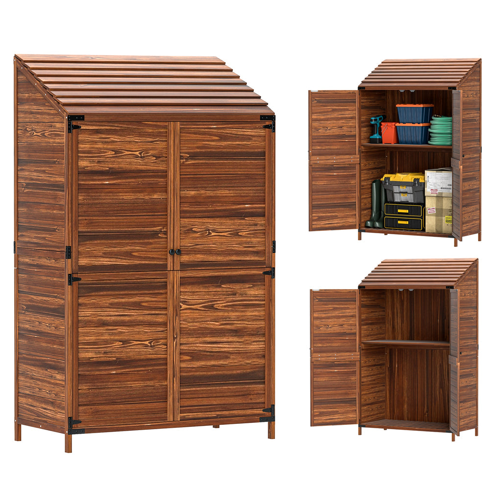 Outdoor Storage Cabinet, 5.7ft Tall Lean to Wooden Garden Storage Shed with Double Doors and Shelves, Patio Tool Shed for Porch Deck, Mixed-Brown