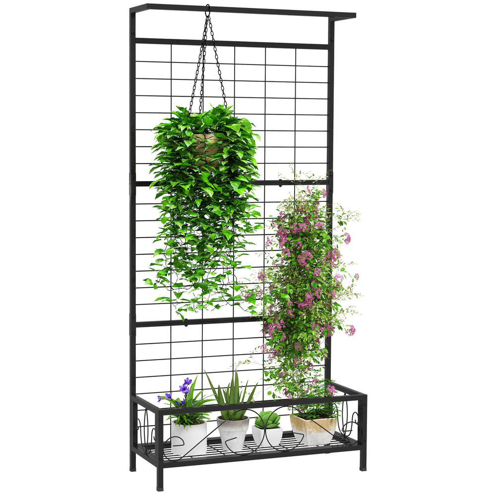 Outsunny Tall Plant Stand with Trellis and Hanging Bar, Metal Plant Holder Flower Stand for Vine Climbing Plants Flowers Indoor Outdoor Use, 35" x 12.8" x 74", Black