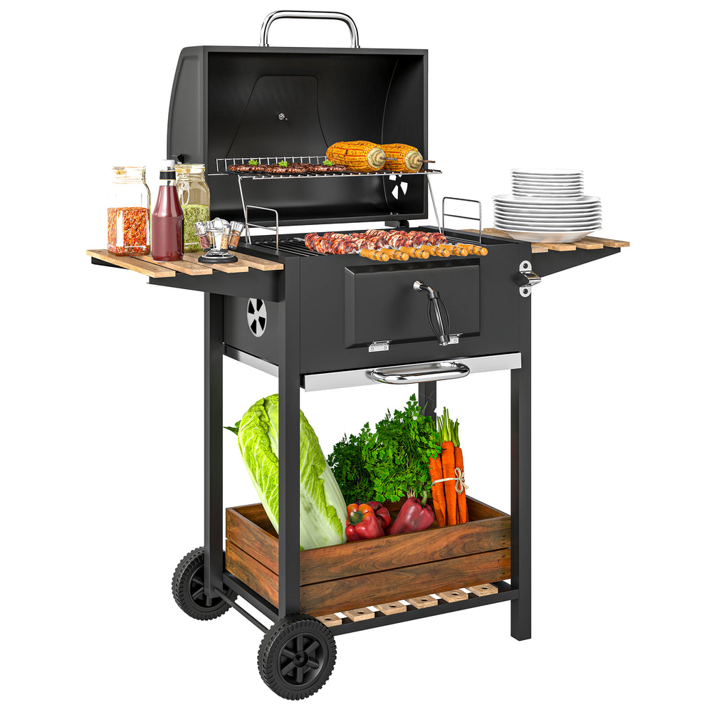 Portable Outdoor Charcoal BBQ Grill with Adjustable Charcoal Pan, Barbecue Grill with Spacious Cooking Area, 3 Shelves, Thermometer, Wheels for Patio Backyard Party