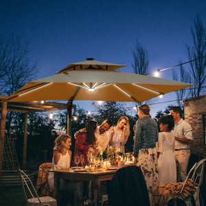 10ft. Solar LED Cantilever Umbrella, Offset Hanging Umbrella with 360¡ãRotation, Cross Base, 8 Ribs, Tilt and Crank for Yard, Khaki