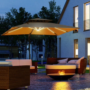 10ft. Solar LED Cantilever Umbrella, Offset Hanging Umbrella with 360¡ãRotation, Cross Base, 8 Ribs, Tilt and Crank for Yard, Khaki