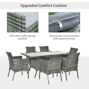 7 Pieces Patio Dining Set, Wicker Outdoor Furniture Set with Removable Cushions, Glass Top Dining Table, Rattan Patio Table and Chairs for Garden Poolside Backyard, Grey