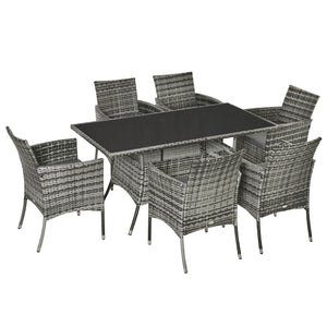 7 Pieces Patio Dining Set, Wicker Outdoor Furniture Set with Removable Cushions, Glass Top Dining Table, Rattan Patio Table and Chairs for Garden Poolside Backyard, Grey