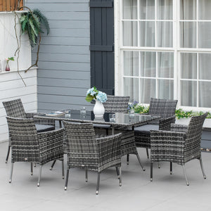 7 Pieces Patio Dining Set, Wicker Outdoor Furniture Set with Removable Cushions, Glass Top Dining Table, Rattan Patio Table and Chairs for Garden Poolside Backyard, Grey
