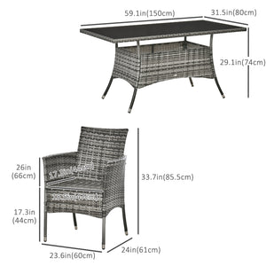 7 Pieces Patio Dining Set, Wicker Outdoor Furniture Set with Removable Cushions, Glass Top Dining Table, Rattan Patio Table and Chairs for Garden Poolside Backyard, Grey