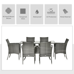 7 Pieces Patio Dining Set, Wicker Outdoor Furniture Set with Removable Cushions, Glass Top Dining Table, Rattan Patio Table and Chairs for Garden Poolside Backyard, Grey