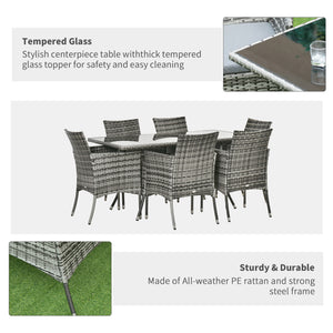 7 Pieces Patio Dining Set, Wicker Outdoor Furniture Set with Removable Cushions, Glass Top Dining Table, Rattan Patio Table and Chairs for Garden Poolside Backyard, Grey