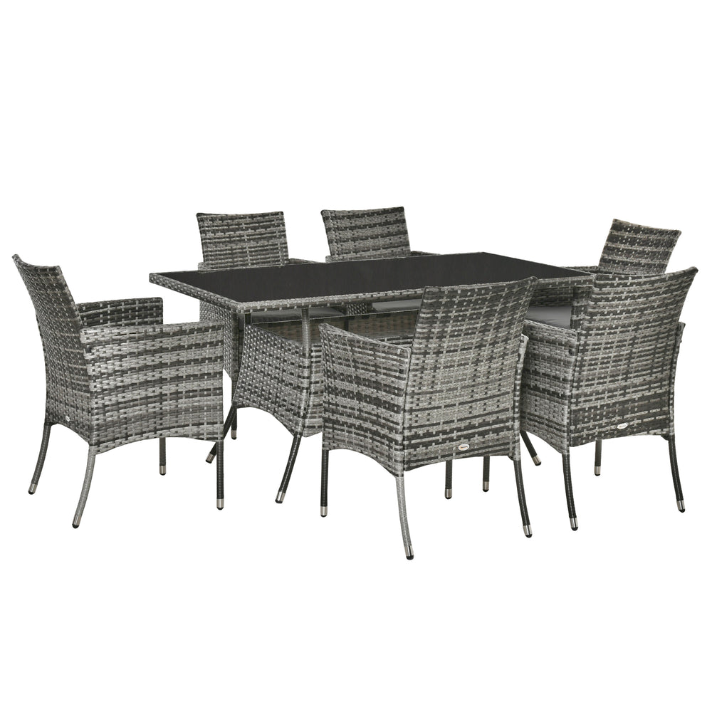 7 Pieces Patio Dining Set, Wicker Outdoor Furniture Set with Removable Cushions, Glass Top Dining Table, Rattan Patio Table and Chairs for Garden Poolside Backyard, Grey