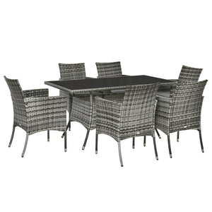 7 Pieces Patio Dining Set, Wicker Outdoor Furniture Set with Removable Cushions, Glass Top Dining Table, Rattan Patio Table and Chairs for Garden Poolside Backyard, Grey