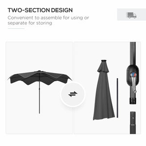 3(m) Garden Parasol Umbrella with 32 Solar LED Lights and Tilt, Outdoor Market Table Umbrella Sun Shade Canopy with Crank, 8 Ribs, Dark Grey