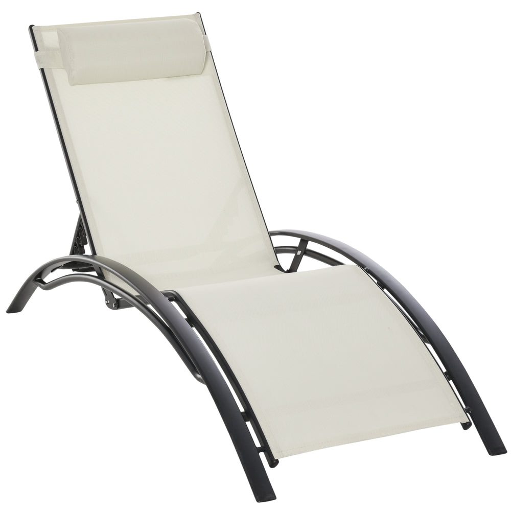 Patio Lounge Chair, Aluminum Reclining Outdoor Tanning Chair with 5-Level Adjustable Backrest, Head Pillow and Breathable Mesh Fabric, for Pool, Deck, Garden, Beige