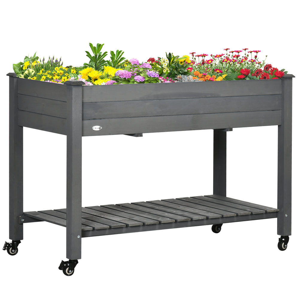 Raised Garden Bed Mobile Elevated Wood Planter Box w/ Lockable Wheels, Storage Shelf  for Herbs and Vegetables Backyard Patio Balcony Zebrano, Dark Grey