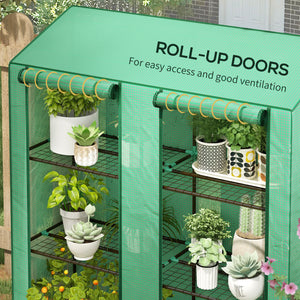 Lean-to Mini Greenhouse with 3 Tier Shelves, PE Cover, Portable Green House with 2 Roll-up Doors, Garden Plant Grow Hot House for Indoor Outdoor, 56.3"x18.1"x59.4", Green