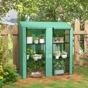 Lean-to Mini Greenhouse with 3 Tier Shelves, PE Cover, Portable Green House with 2 Roll-up Doors, Garden Plant Grow Hot House for Indoor Outdoor, 56.3"x18.1"x59.4", Green