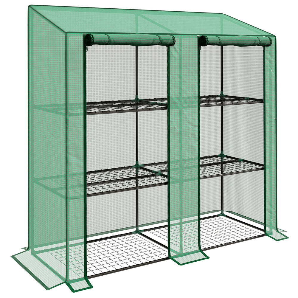 Lean-to Mini Greenhouse with 3 Tier Shelves, PE Cover, Portable Green House with 2 Roll-up Doors, Garden Plant Grow Hot House for Indoor Outdoor, 56.3"x18.1"x59.4", Green