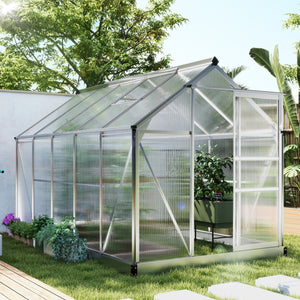 6' x 10' x 6.6' Polycarbonate Greenhouse, Walk-In Green House Kit Garden, Plants Grow, Galvanized Sheet Aluminum Frame with Rain Gutter, Vents and Sliding Door, Sliver