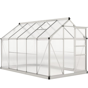 6' x 10' x 6.6' Polycarbonate Greenhouse, Walk-In Green House Kit Garden, Plants Grow, Galvanized Sheet Aluminum Frame with Rain Gutter, Vents and Sliding Door, Sliver