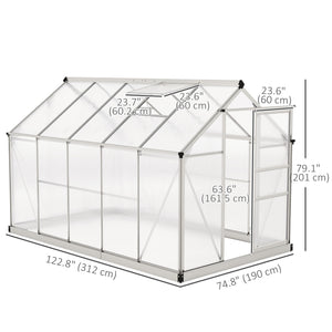 6' x 10' x 6.6' Polycarbonate Greenhouse, Walk-In Green House Kit Garden, Plants Grow, Galvanized Sheet Aluminum Frame with Rain Gutter, Vents and Sliding Door, Sliver