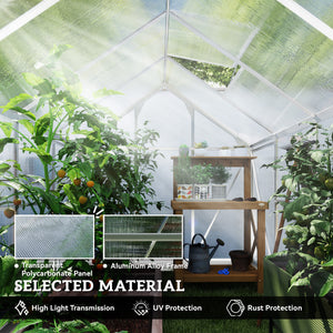 6' x 10' x 6.6' Polycarbonate Greenhouse, Walk-In Green House Kit Garden, Plants Grow, Galvanized Sheet Aluminum Frame with Rain Gutter, Vents and Sliding Door, Sliver