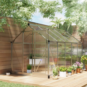 6' x 10' x 6.6' Polycarbonate Greenhouse, Walk-In Green House Kit Garden, Plants Grow, Galvanized Sheet Aluminum Frame with Rain Gutter, Vents and Sliding Door, Sliver