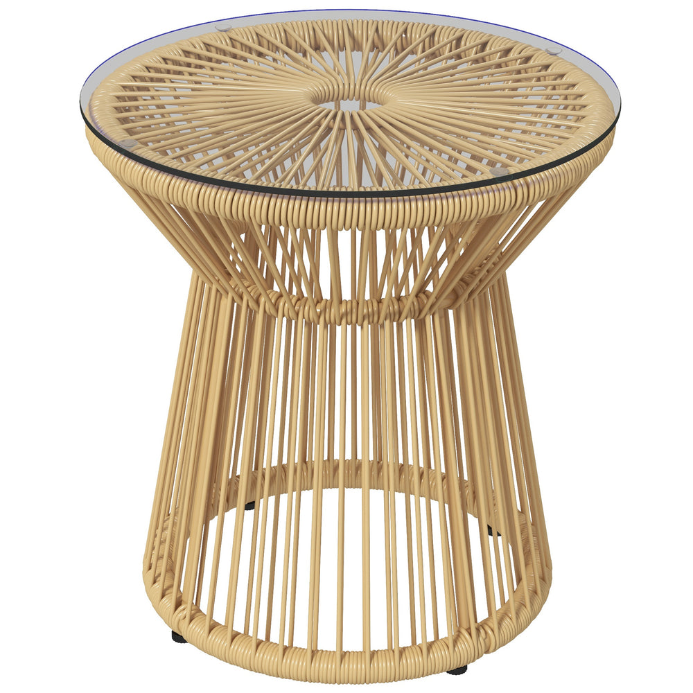 Freestanding End Table, Round Hollow Drum Design Side Table with Round PE Rattan and Tempered Glass Tabletop for Patio, Garden, Balcony, Beige