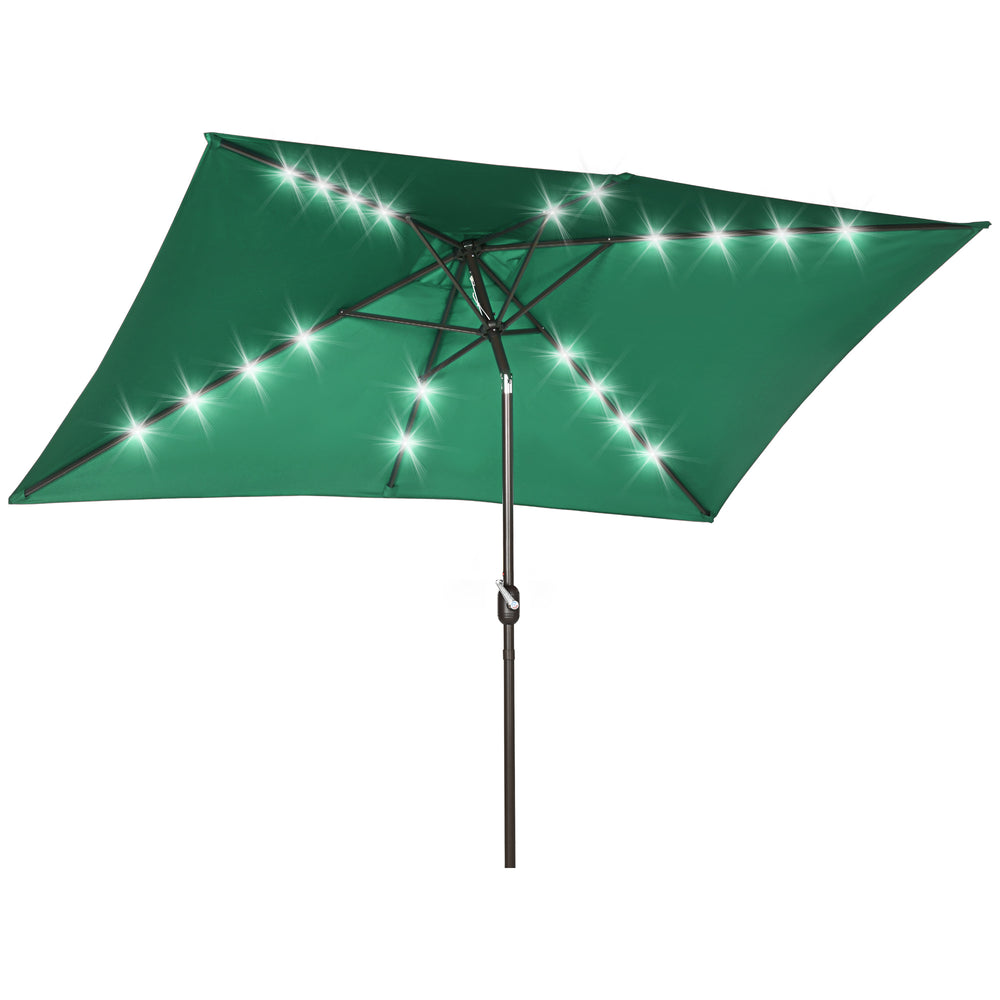 6.5x10ft Patio Umbrella Rectangle Solar Powered Tilt Aluminum Outdoor Market Parasol with LEDs Crank (Dark Green)