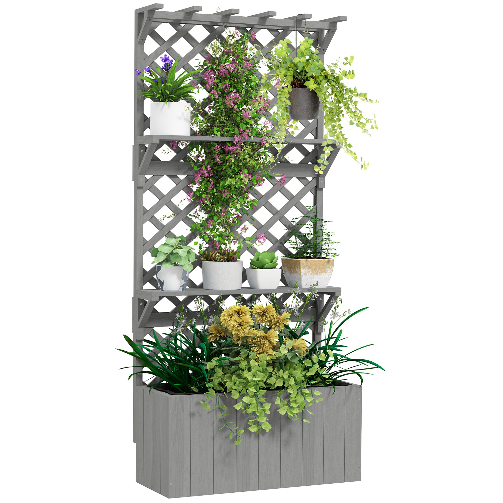 hanging plants behind bed Outsunny 30" x 13" x 70" Wooden Raised Garden Bed with Trellis, Hanging Roof and Plant Shelf, Grey