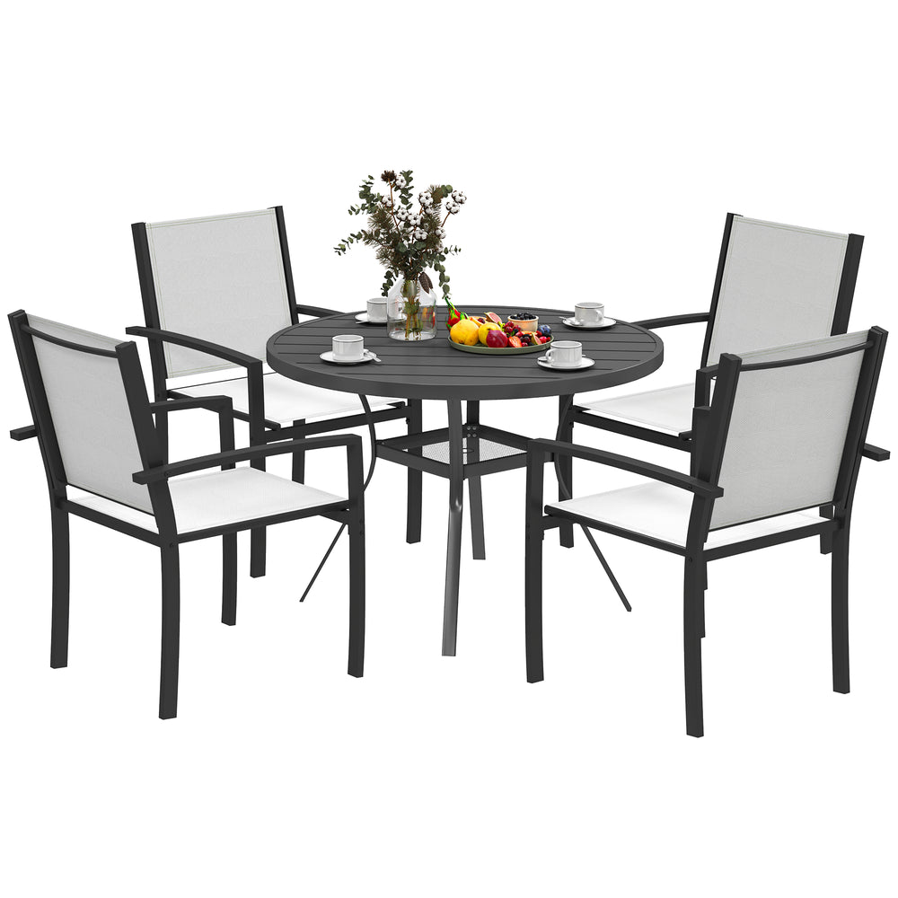 5 Piece Patio Table and Chairs, Outdoor Dining Set with Round Table and 4 Stackable Chairs, Steel Frame, for Backyard, Lawn, Deck, Balcony, Pool Side, Light Grey