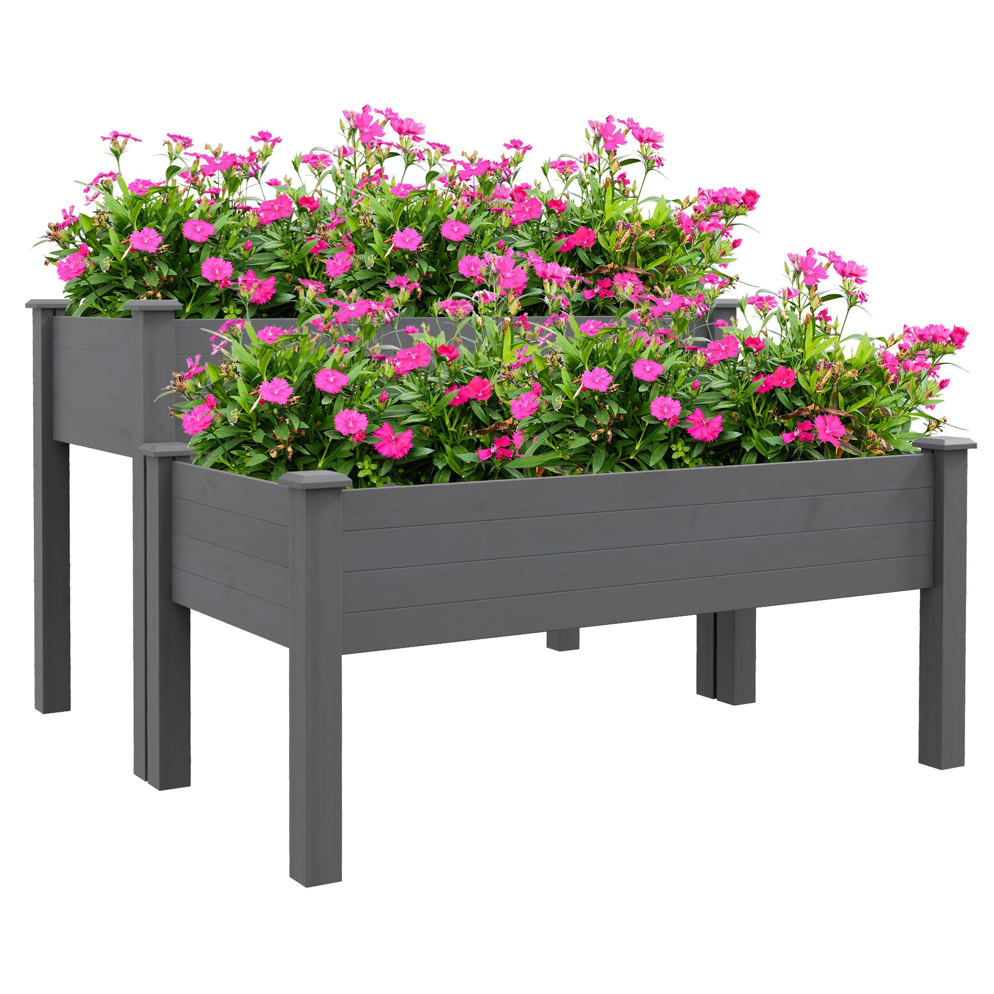Jardinire surleve  2 niveaux Outsunnny, bac  fleurs en bois sur pieds  avec 2 compartiments pour la culture de fleurs, lgumes et herbes  aromatiques, gris