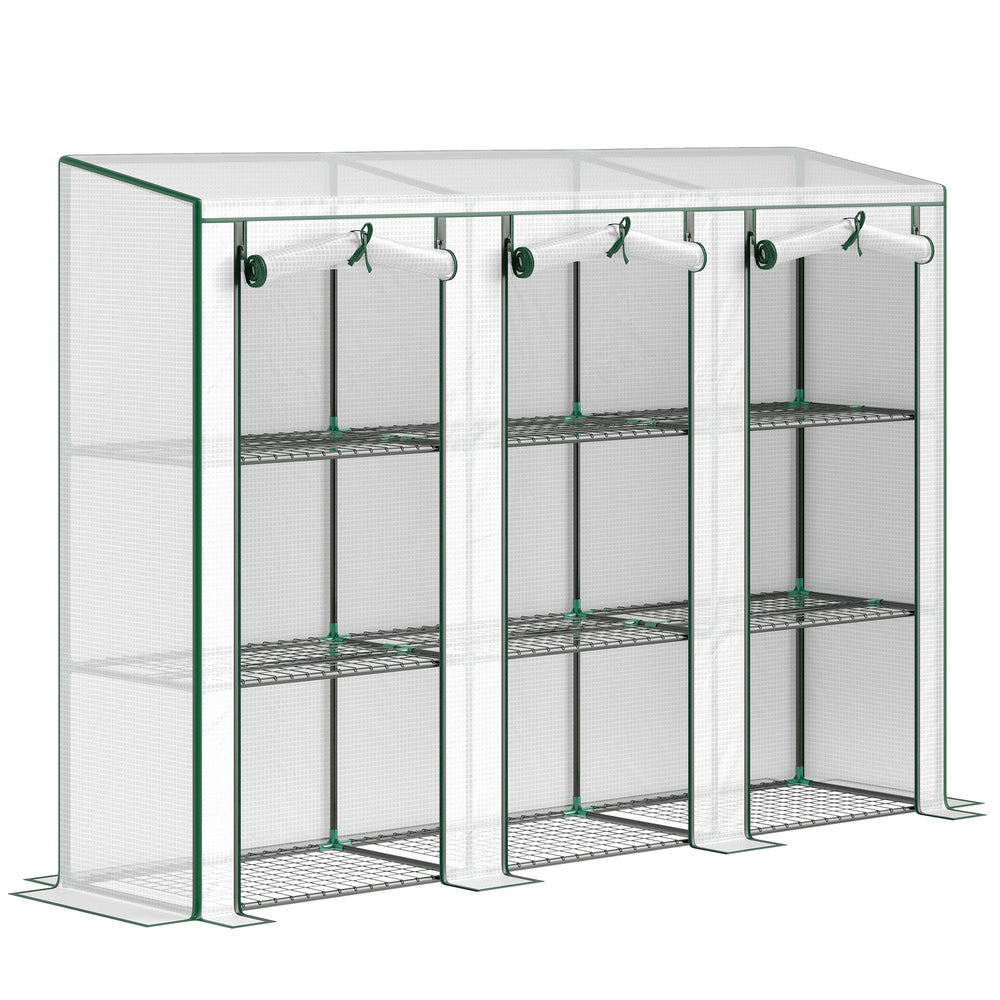 Lean-to Mini Greenhouse with 3 Tier Shelves, Portable Garden Hot House with 3 Roll-Up Doors for Indoor Outdoor, 84.6"x18.1"x56.7", White
