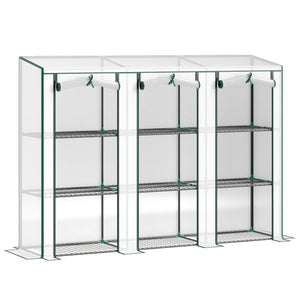 Lean-to Mini Greenhouse with 3 Tier Shelves, Portable Garden Hot House with 3 Roll-Up Doors for Indoor Outdoor, 84.6"x18.1"x56.7", White