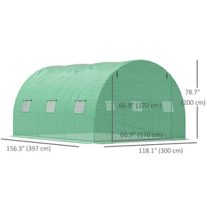 13' x 10' x 6.6'  Walk-in Polytunnel Greenhouse, Outdoor Garden Tunnel Greenhouse Tent with Zipped Roll-Up Door and 6 Mesh Windows, Green