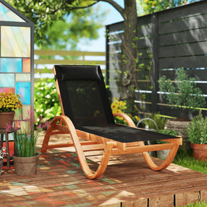 Outsunny Larch Wood Lounge Chair, 4-Level Adjustable Tanning Chair, Full Flat Patio Lounger with Mesh Seat, Outdoor Sun Chaise for Patio Beach, Black