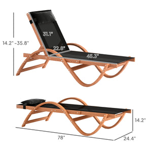 Outsunny Larch Wood Lounge Chair, 4-Level Adjustable Tanning Chair, Full Flat Patio Lounger with Mesh Seat, Outdoor Sun Chaise for Patio Beach, Black