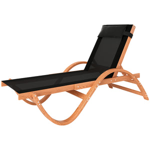 Outsunny Larch Wood Lounge Chair, 4-Level Adjustable Tanning Chair, Full Flat Patio Lounger with Mesh Seat, Outdoor Sun Chaise for Patio Beach, Black