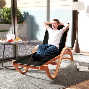 Outsunny Larch Wood Lounge Chair, 4-Level Adjustable Tanning Chair, Full Flat Patio Lounger with Mesh Seat, Outdoor Sun Chaise for Patio Beach, Black