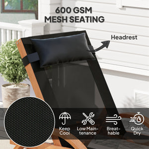 Outsunny Larch Wood Lounge Chair, 4-Level Adjustable Tanning Chair, Full Flat Patio Lounger with Mesh Seat, Outdoor Sun Chaise for Patio Beach, Black