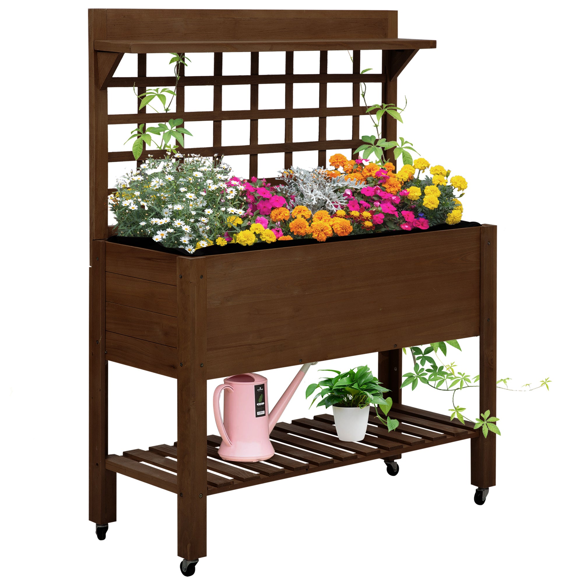 wheeled planter with trellis Outsunny Raised Garden Bed with Wheels Trellis Storage Shelf Wooden Planter Box Dark Brown