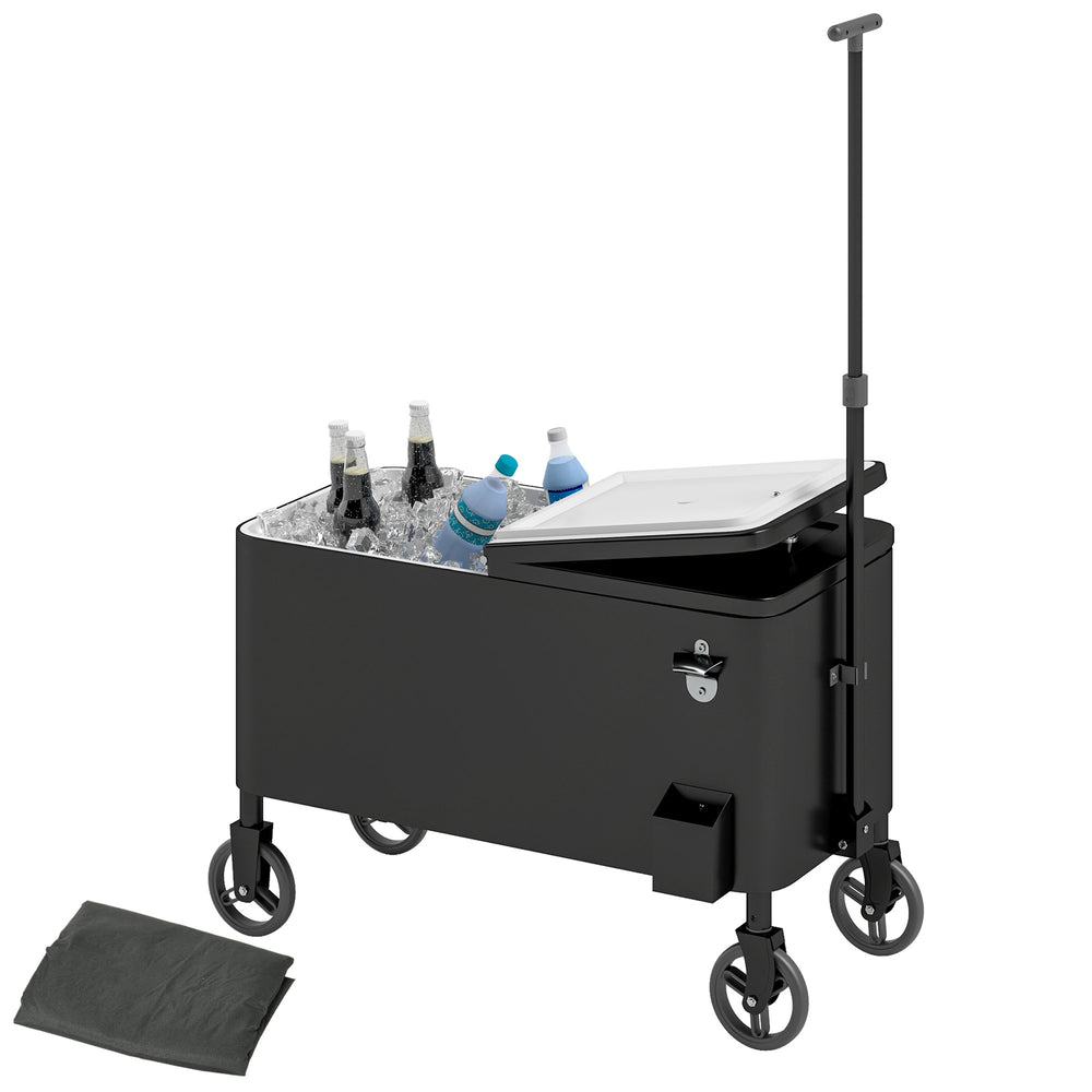80-Qt Outdoor Patio Cooler Cart, Rolling Ice Chest with Adjustable Handle, Wheels, Bottle Opener, Drainage, Outdoor Beverage Cooler Bar Cart for Party BBQ Camping, Black