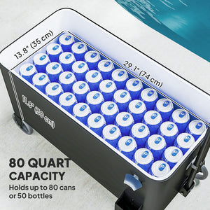 80-Qt Outdoor Patio Cooler Cart, Rolling Ice Chest with Adjustable Handle, Wheels, Bottle Opener, Drainage, Outdoor Beverage Cooler Bar Cart for Party BBQ Camping, Black